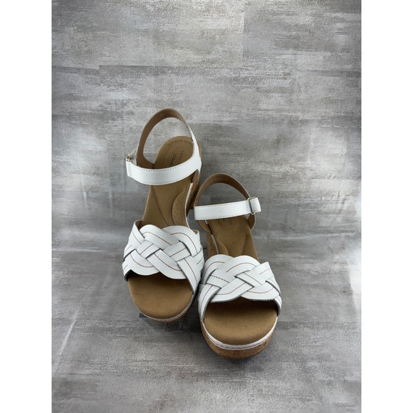 Clarks Shoes - Clarks Collection White Leather Braided Wedge Sandals 261582084060 Women Sz 8.5M
